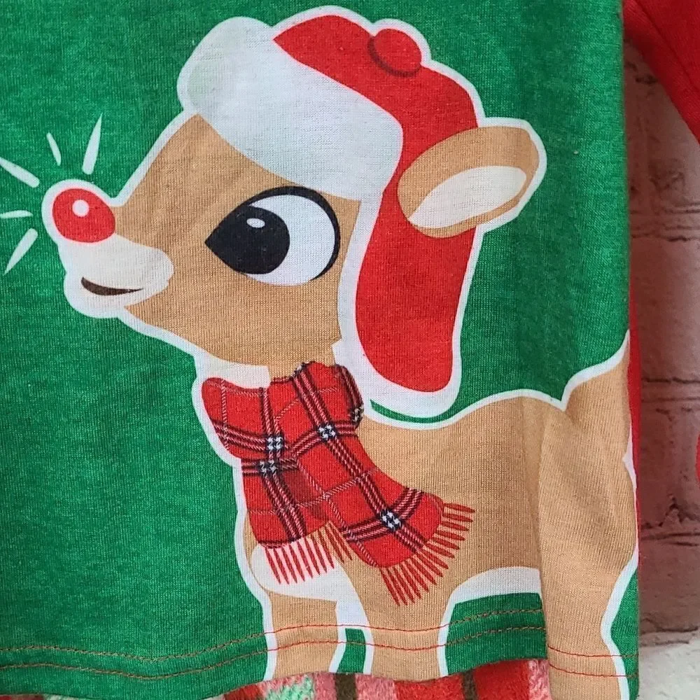 Rudolph Girls Holiday Pajamas 2pc Red Plaid Fleece Sleep Set Festive 6/6X PJs
